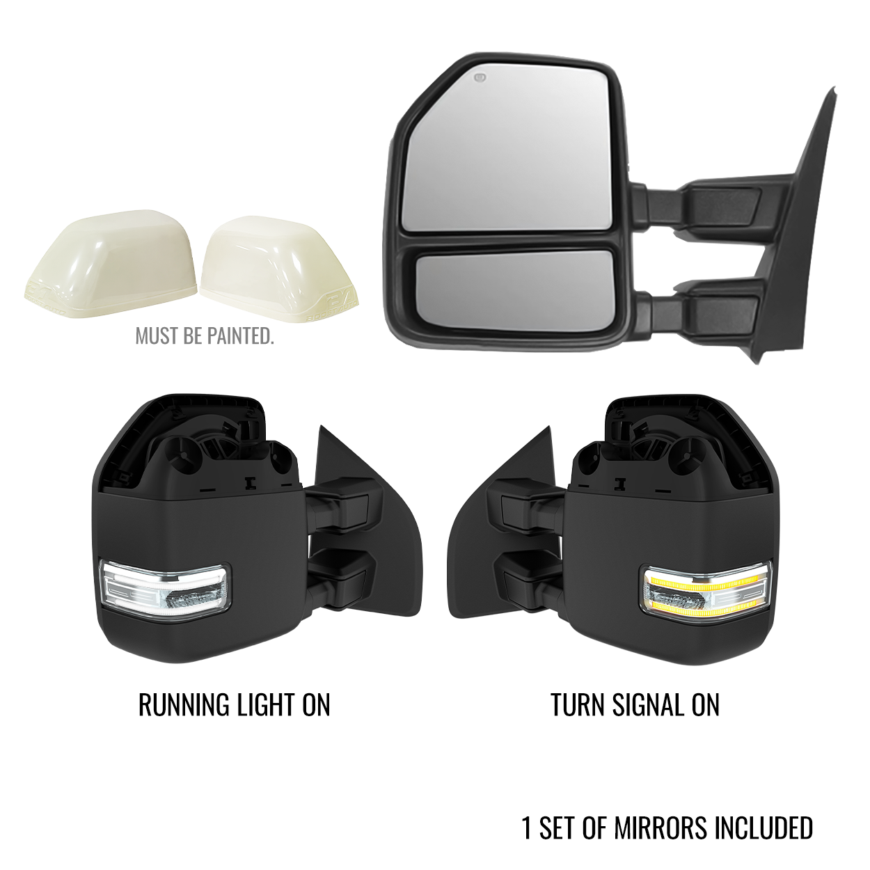 Power Heated Towing Mirrors For Ford F-250/F-350 Super Duty 1999-2007 - Chrome, Manual Fold/Telescope, Turn Signal
